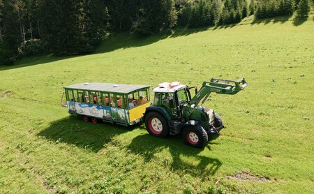 Traktor mit Anhänger fährt auf die Alm