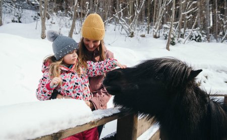 Kind streichelt Pony im Winter