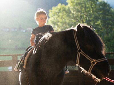 Mädchen reitet am Pferd