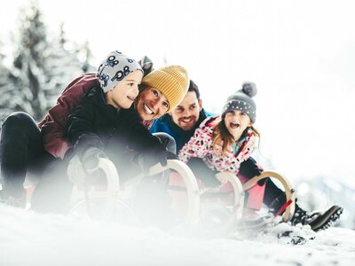 Familie beim Schlittenfahren